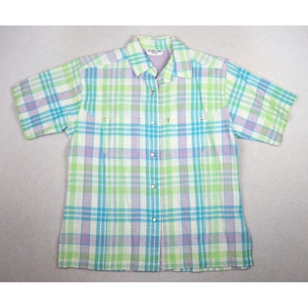 VICTORIA JONES - WOMEN'S BLUE & GREEN PLAID SHORT SLEEVE BUTTON-UP TOP - SIZE PS